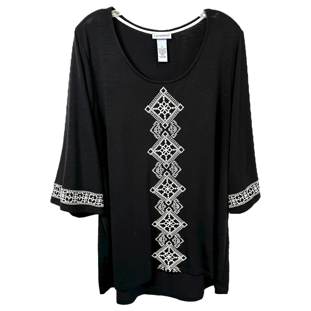 Catherines Plus Size 1X Top Black Embroidered Tunic Mature Career‎ Solid 682